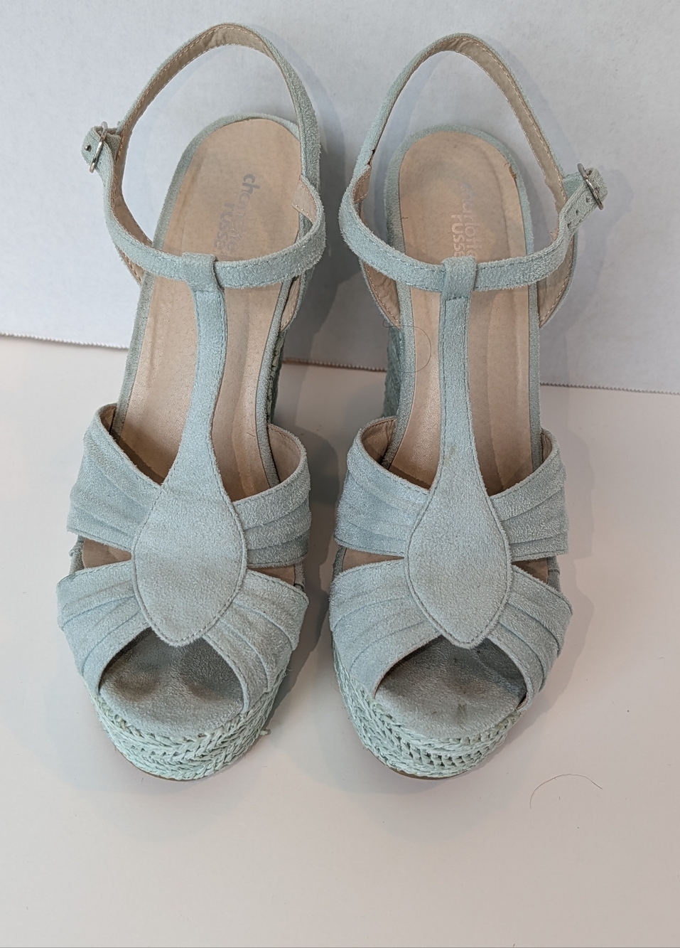 Charlotte Russe Mint Suede T‑Strap Wedge Sandals, Size 10